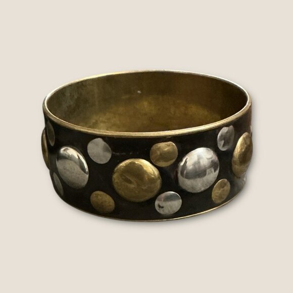 Vintage Two Tone Mixed Metal Polka Dot Wide Cuff Bracelet - Picture 3 of 3